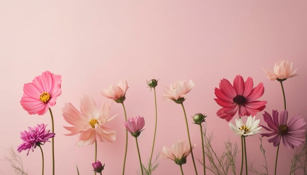 Top view image of pink flowers composition over pastel background , generate ai photo