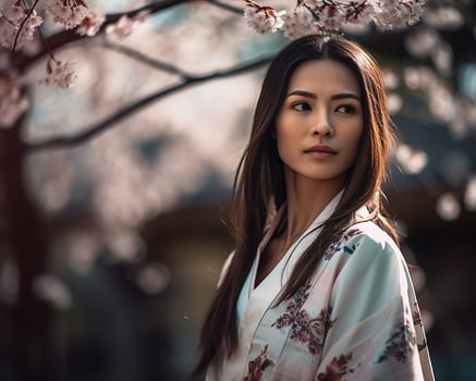 Beautiful asian woman with long and straight hair wearing a colorful kimono, looking serious, standing in a background of cherry blossom trees. photo