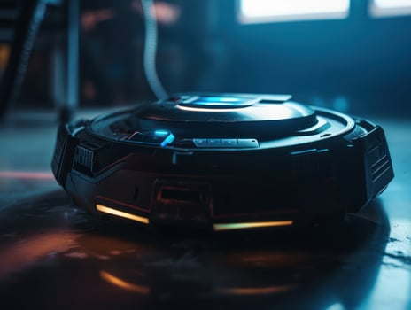 Robotic vacuum cleaner cleaning the floor in the living room. Cleaning service concept. Created with technology. photo