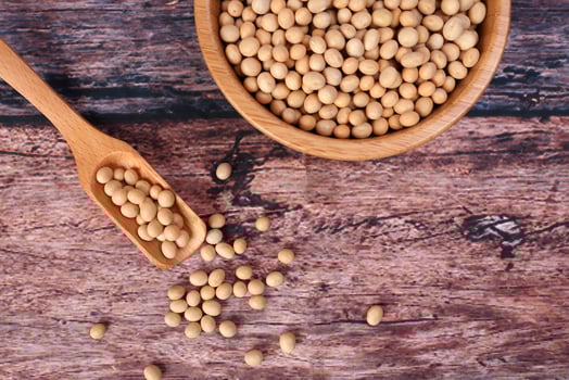 Soya bean in wooden bowl scoop spoon on rustic wood background photo