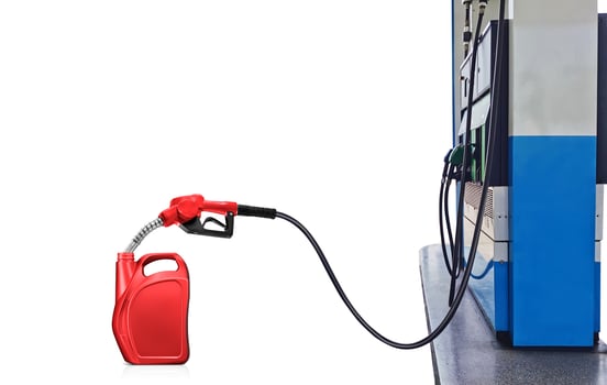 gasoline pump nozzle Refueling red gallon on white background photo