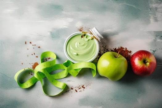 Sauces, apple and green measuring tape on grunge background. Diet concept, generate ai photo