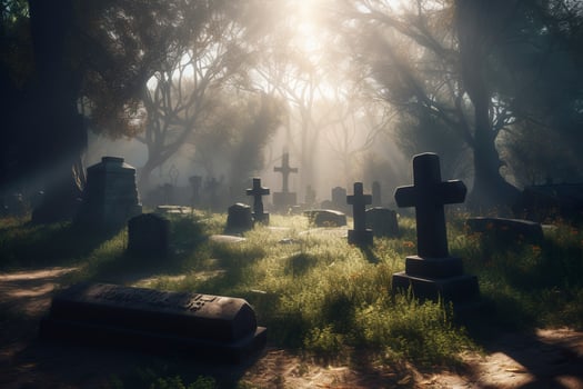 morning at the cemetery, generate ai photo