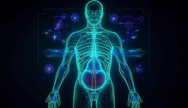 Artificial intelligence, a humanoid cyber human with a neural network thinks. AI concept of big data or cyber security. Chat GPT concept. AI with a digital brain processes big data. photo