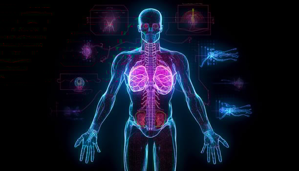 Artificial intelligence, a humanoid cyber human with a neural network thinks. AI concept of big data or cyber security. Chat GPT concept. AI with a digital brain processes big data. photo