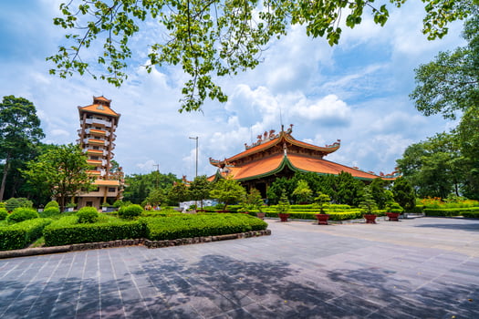 Morning at Ben Duoc Temple, Cu Chi, Ho Chi Minh city, Vietnam. The historic district revolutionary beside Cu Chi tunnel, a famous base of revolutionary Vietnam before 1975. Travel concept photo