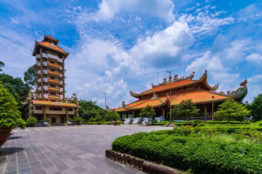 Morning at Ben Duoc Temple, Cu Chi, Ho Chi Minh city, Vietnam. The historic district revolutionary beside Cu Chi tunnel, a famous base of revolutionary Vietnam before 1975. Travel concept photo