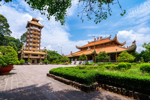 Morning at Ben Duoc Temple, Cu Chi, Ho Chi Minh city, Vietnam. The historic district revolutionary beside Cu Chi tunnel, a famous base of revolutionary Vietnam before 1975. Travel concept photo