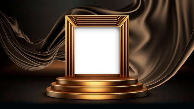 3D Render of Blank Golden Stage or Square Frame Stand Mockup Against Brown Floating Silk Fabric Background. photo