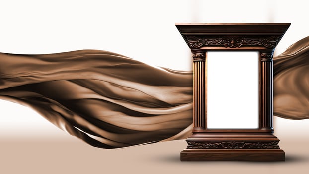 3D Render of Classic Arch Stage Mockup On Brown Floating Silk Fabric Background. photo