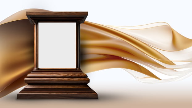 3D Render of Brown Arch Stage Mockup Against Golden Floating Silk Fabric Background. photo