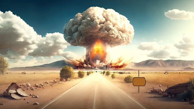Destroyed world, nuclear explosion with fire burning, ai-generative digital art. photo