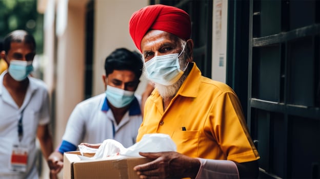 Portrait of Mid Aged Delivery Men Wearing Protective Mask and Open Cardboard Box, Work for Courier Service. . photo