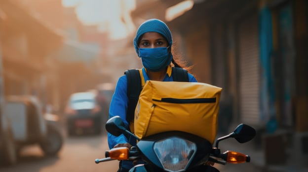 Portrait of Indian Delivery Girl Riding on Bike in Protective Mask with Yellow Courier Bag, Express Delivery Service. . photo