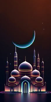 Amazing architecture design of shiny muslim mosque, and blue crescent moon, ramadan mubarak concept, . Shiny lights. photo
