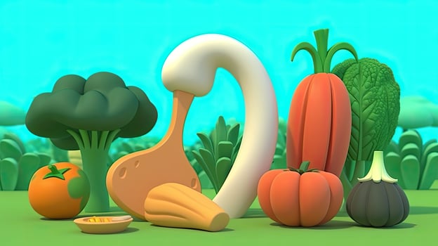 Assorted Raw Organic Vegetables on Farming Disney Landscape. Digital Illustration. photo