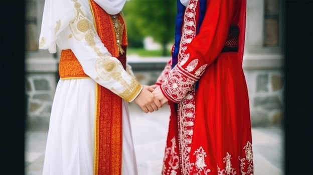 Friendly or casual handshake between Multicultural Asian Women in their traditional attires. . photo