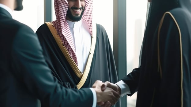 Business handshake between two Arabian Man. Close up on black Background. . photo