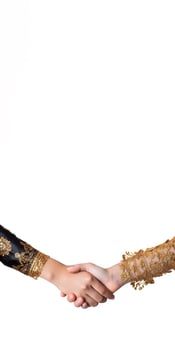 Closeup View of Two Cultural Girls Shaking Hands and Wear Floral Ethnic Dress. Illustration. photo