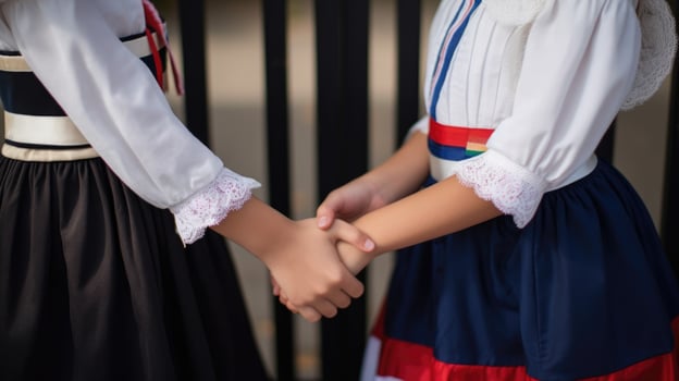 Friendly or casual handshake between France Women in their traditional attires. . photo
