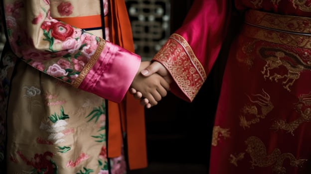 Friendly or casual handshake between Chinese Women in their traditional attires. . photo
