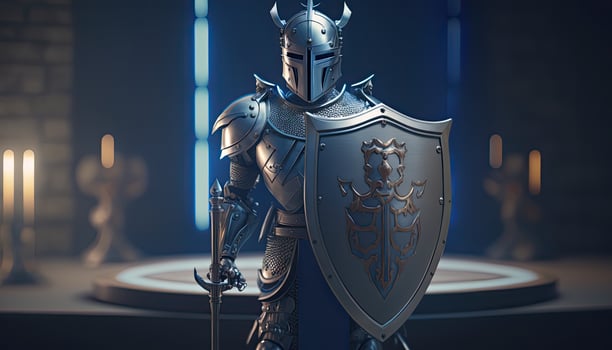 A cyborg holding a futuristic sword with shield, digital art style. . photo