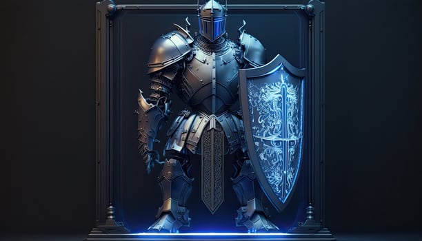 A cyborg holding a futuristic shield, digital art style. . photo