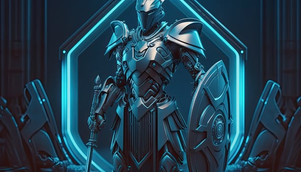 Robot , neon high-tech concept, sports game of cyberpunk science fiction, a scene stand pedestal stage, illustration, and futuristic neon glow. photo