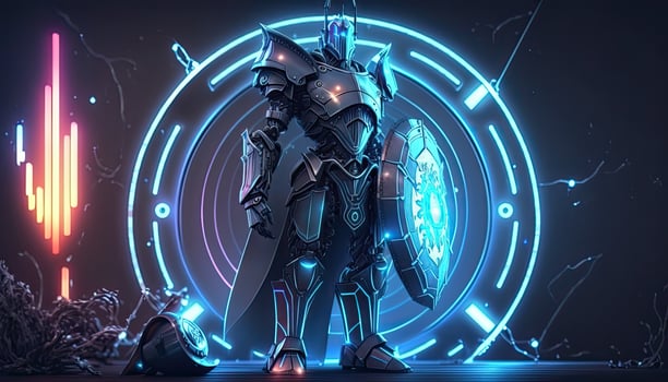 A cyborg holding a futuristic sword and shield, neon high-tech concept, sports game of cyberpunk science. . photo
