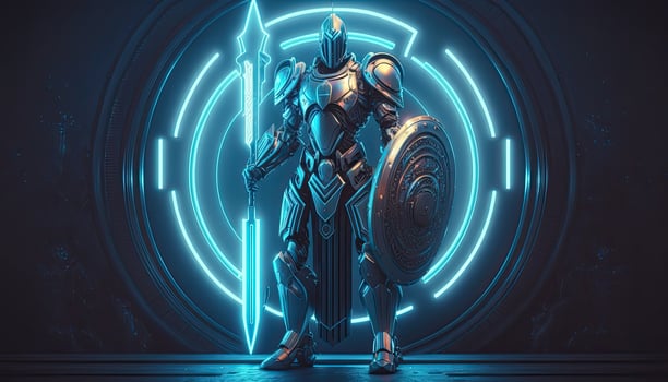 Robot , neon high-tech concept, sports game of cyberpunk science fiction, a scene stand pedestal stage, illustration, and futuristic neon glow. photo
