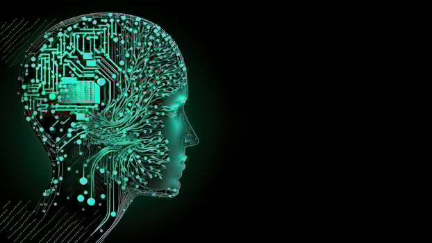 Artificial Intelligence in Humanoid Head with Neural Network, Digital Brain Learning Processing Big Data. Face of Cyber Mind. Technology and Space for Your Message. photo