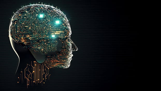 Artificial Intelligence in Humanoid Head with Neural Network, Digital Brain Learning Processing Big Data. Face of Cyber Mind. Technology and Space for Your Message. photo