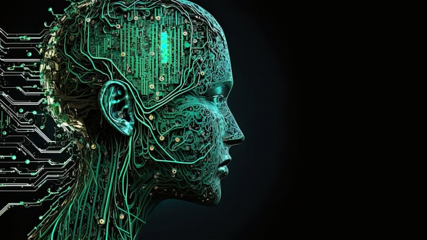 Artificial Intelligence in Humanoid Head with Neural Network, Digital Brain Learning Processing Big Data. Face of Cyber Mind. Technology and Space for Your Message. photo