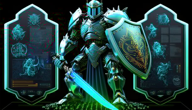 A Cyborg Holding a Futuristic Sword with Different Helmet Holographic Screen on Dark Background. . photo