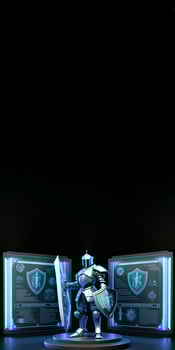 A Cyborg Holding a Futuristic Sword with Holographic Screen on Dark Background and Copy Space. . photo