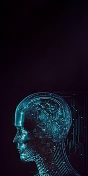 Artificial Intelligence in Humanoid Head with Neural Network, Digital Brain Learning Processing Big Data. Face of Cyber Mind. Technology and Space for Your Message. photo