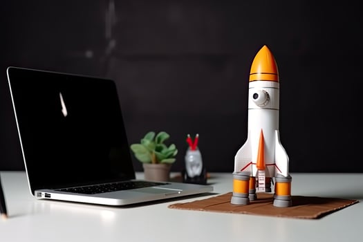Space shuttle on the table, Launching space rocket from office, . photo