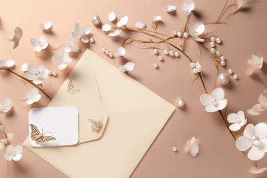 Top View of Unique Invitation Card Envelope with White Flowers and Butterfly on Pastel Pink Background. Illustration. photo
