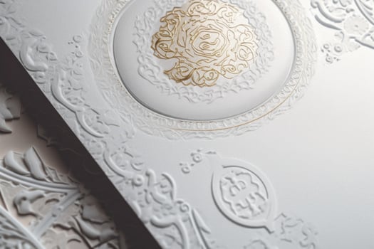 Top View of White and Golden Luxury Invitation Card, Mock up Template for Design or product placement created using . photo