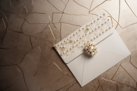 Top View of Beige Luxury Wedding Invitation Card on Brown Marble Background. Mock up Template for Design or product placement created using . photo