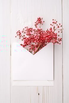Top View of Red Gypsophila Flower Branch in Open Envelope on Wooden Table, . photo