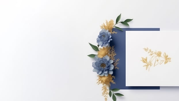 Top View of Blue and Golden Elegance Flower Delicate Paper for Spring, Wedding Card Design and Space for Your Message. Illustration. photo