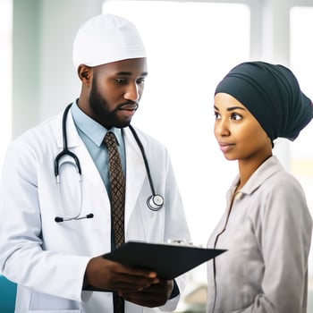 Closeup Portrait of African Muslim Male Doctor Explaining to Nurse or Patient at Workplace, . photo
