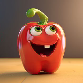 Pixar Style Cheerful Red Capsicum 3D Character on Shiny Brown Background. . photo