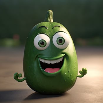 Pixar Style Cucumber 3D Character on Shiny Green Background. . photo
