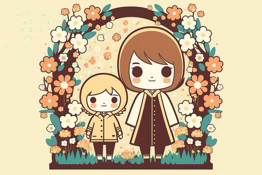 Cute Illustration of Young Mother with Her Kid, Floral Arch on Pastel Yellow Background. Concept of Mothers Day. . photo