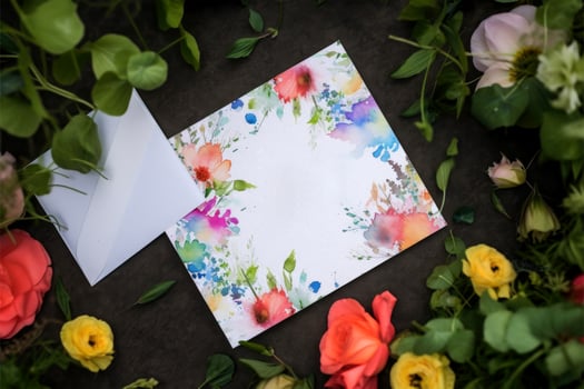Top View of Watercolor Floral Greeting Card Mockup on Background, . photo