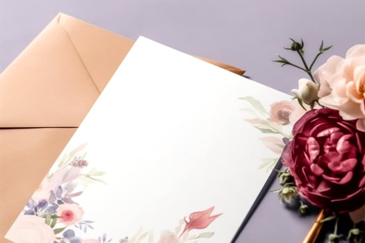 Top View of Floral Wedding Invitation Card Mockup, . photo