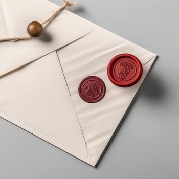 Overhead view of Red Wax Sealed Old Beige Letter Envelope on Grey Background. Generative. photo