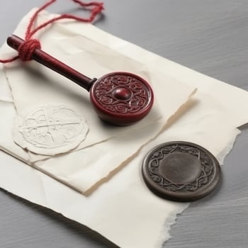 Closeup View of Old Letter with Wax Seal and Stamp on Grey Texture Background. . photo